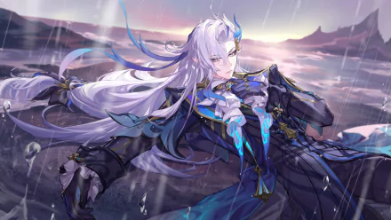 A stunning HD desktop wallpaper featuring Neuvillette from Genshin Impact, showcasing his elegant design and dramatic pose against a mystical landscape.