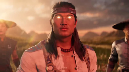 HD wallpaper of Liu Kang from Mortal Kombat 1 with a serene sunset background.
