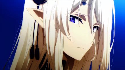 Anime close-up of Beatrix (The Eminence in Shadow): long white hair, elf-like ears and vivid blue eyes against a deep blue background, 5K Ultra HD PC desktop wallpaper