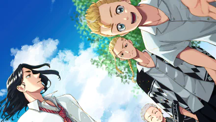 HD desktop wallpaper featuring animated characters from Tokyo Revengers, including Takemichi Hanagaki and Ken Ryuguji, with a vibrant blue sky in the background.