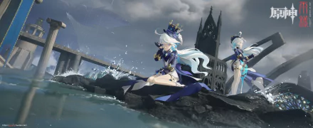 HD PC desktop wallpaper featuring Furina from the video game Genshin Impact, set against a dramatic, stormy coastal backdrop with gothic architecture.