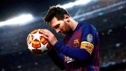 HD desktop wallpaper featuring a soccer player from FC Barcelona holding a football, with a stadium in the background, tagged with Lionel Messi.