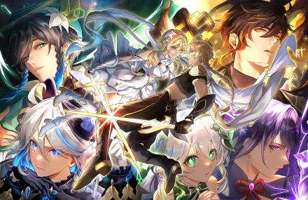 4K Ultra HD Genshin Impact wallpaper featuring characters Furina, Venti, Lumine, Aether, and Zhongli in dynamic poses from the video game.