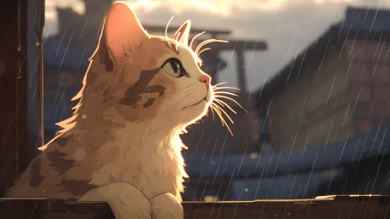 Anime-style HD wallpaper featuring a cat under a rain shower, gazing upward with a sunset backdrop.