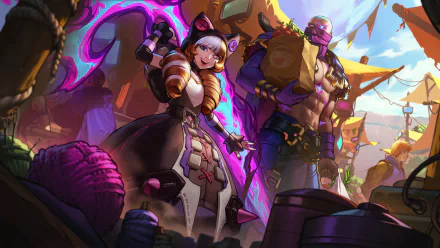 HD desktop wallpaper featuring Gwen and Pyke from League of Legends in a vibrant, action-packed scene from Legends of Runeterra.