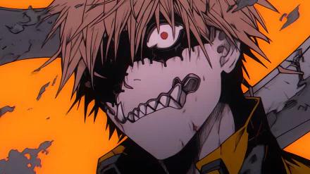 High-definition wallpaper featuring Denji from Chainsaw Man, showcasing a striking image of his character with an intense expression against a vibrant orange background.