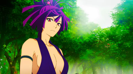 Anime character from Hell's Paradise stands amidst lush green forest, rendered in vibrant colors as an 8K Ultra HD PC desktop wallpaper and background.