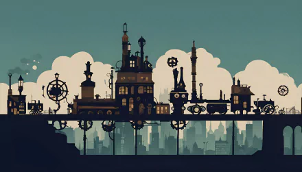 Minimalist steampunk sci-fi cityscape with intricate industrial structures and gears, rendered in 8K Ultra HD as a striking PC desktop wallpaper background.