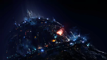 HD desktop wallpaper of a futuristic sci-fi structure, illuminated with vibrant lights and rising dramatically against a dark, starry sky.