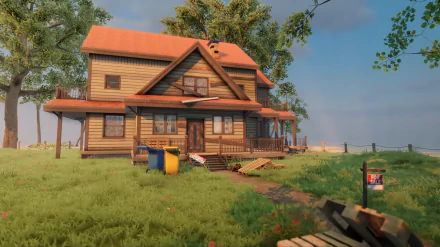 HD wallpaper from House Flipper 2 featuring a two-story house with a porch in a serene, suburban setting.