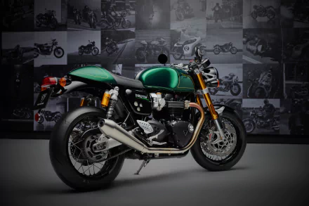 A striking Triumph Thruxton Final Edition motorcycle displayed against a collage of classic bikes, showcasing its sleek design and vibrant green color in an HD desktop wallpaper setting.