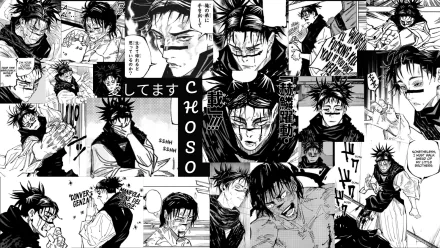 HD PC desktop wallpaper featuring black-and-white manga panels of Choso from the anime Jujutsu Kaisen, showcasing dynamic expressions and iconic scenes.