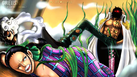 HD desktop wallpaper featuring One Piece characters with a focus on Ryokugyu, Monkey D. Luffy in Gear 5 form, and Nico Robin in striking action poses.