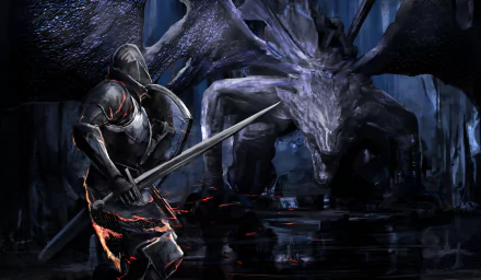 HD wallpaper of Dark Souls III featuring the knight facing Darkeater Midir for desktop background.