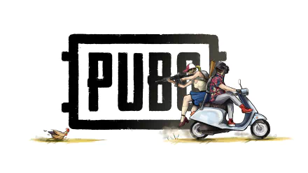 HD desktop wallpaper featuring a comical illustration from Playerunknown's Battlegrounds with two characters riding a scooter, set against the game's logo and a cartoonish chicken.