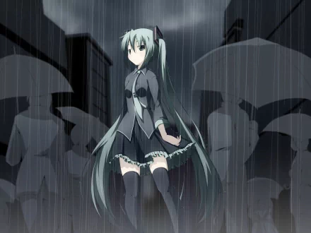 Hatsune Miku stands under heavy rain in a dark city, teal twin-tails and skirt amid umbrella silhouettes — anime Vocaloid rain scene, HD PC desktop wallpaper background.