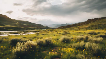 HD desktop wallpaper featuring a serene wilderness landscape with lush fields and distant mountains under a cloudy sky, created by AI art.