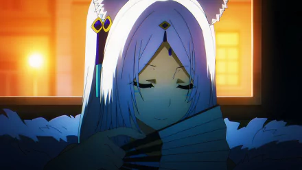 Anime scene from The Eminence in Shadow featuring a character with long white hair holding a fan, set against a warm, glowing background. 8K Ultra HD PC wallpaper.