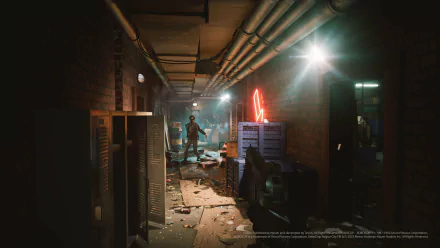A dimly lit corridor from RoboCop: Rogue City, featuring scattered debris and glowing neon lights, serves as an engaging HD desktop wallpaper background for fans of the game.