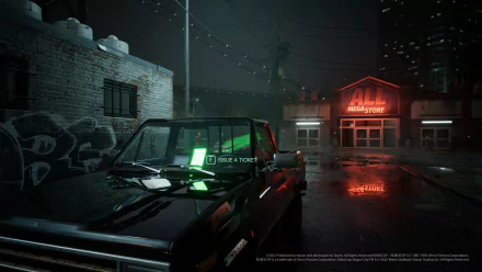 HD desktop wallpaper featuring a dark, atmospheric scene from RoboCop: Rogue City, with a police car and neon signs on a rainy street.