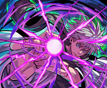 HD PC desktop wallpaper featuring Satoru Gojo from the anime Jujutsu Kaisen, showcasing vibrant purple and green energy effects.