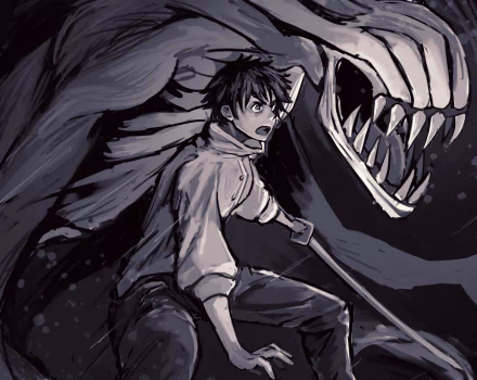 HD PC desktop wallpaper featuring Yuta Okkotsu from the anime Jujutsu Kaisen 0 facing a large, menacing skeletal creature.