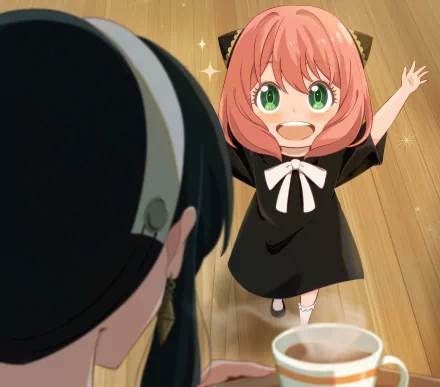 HD PC desktop wallpaper featuring Anya Forger joyfully reaching out, with Yor Forger partially visible, from the anime Spy x Family.