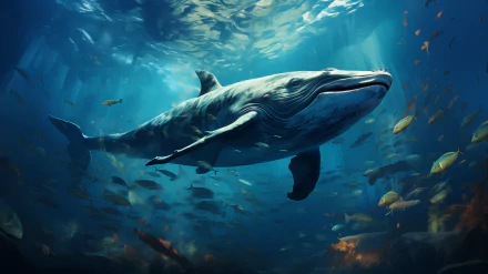 A stunning HD wallpaper featuring a majestic whale swimming gracefully through vibrant underwater scenery, surrounded by various sea life in a tranquil ocean setting.