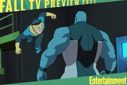 HD desktop wallpaper featuring a scene from Invincible with a superhero in blue and yellow costume flying towards a large figure, part of the Fall TV Preview 2021 by Entertainment.