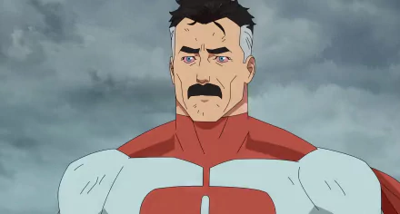 HD desktop wallpaper of Omni-Man from Invincible, with a focused expression against a cloudy sky background.