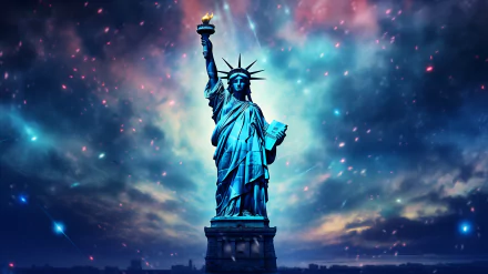 HD desktop wallpaper featuring the Statue of Liberty against a vibrant starry sky background.