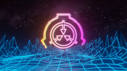 A vibrant vaporwave 4K Ultra HD wallpaper featuring the glowing SCP Foundation logo against a neon wireframe landscape and a starry space backdrop.