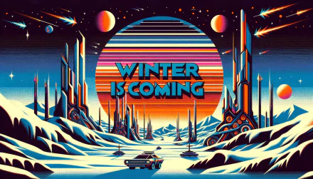 HD desktop wallpaper depicting a futuristic snowy landscape with the text Winter is Coming, featuring a car driving towards a vibrant city under a large striped sun.