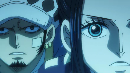HD wallpaper featuring One Piece characters Nico Robin and Trafalgar Law for desktop background