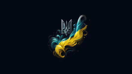 Ukraine-themed 8K Ultra HD desktop wallpaper featuring a stylized blue and yellow ribbon forming a dynamic shape beneath the Ukrainian coat of arms on a dark background.