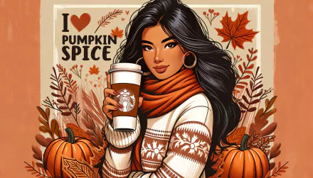 HD desktop wallpaper of a woman in a cozy sweater holding a pumpkin spice latte, surrounded by pumpkins and autumn leaves, with I love Pumpkin Spice text.