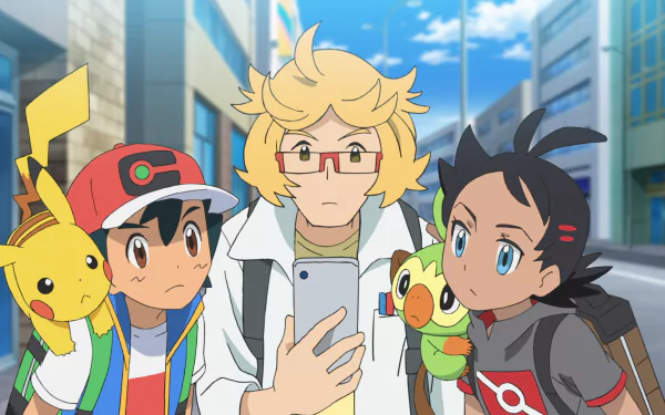 Pokémon Ultimate Journeys HD wallpaper featuring Ash, Pikachu, and companions looking at a smartphone in a city setting for desktop background.