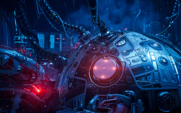 4K Ultra HD PC wallpaper from the video game The Ascent, featuring a futuristic mechanical sphere with glowing red and blue lights in a dark sci-fi environment.