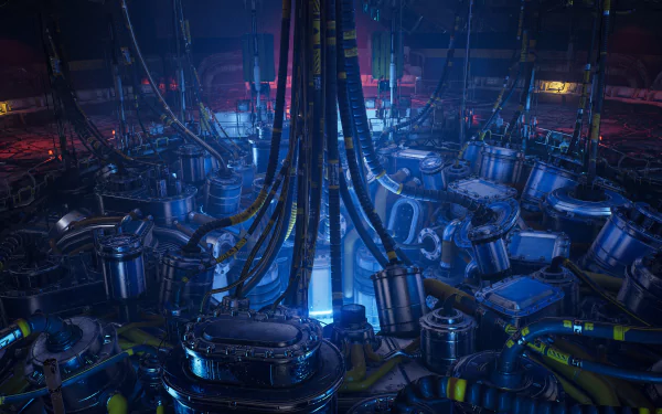 Futuristic cybernetic facility with glowing blue lights and cables, a 4K Ultra HD PC desktop wallpaper from the video game The Ascent.