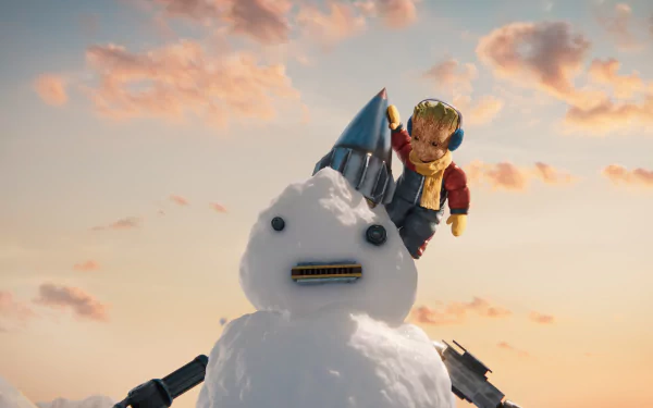 HD wallpaper of Groot character from Guardians of the Galaxy sitting on a snowman against a cloud-filled sky background.