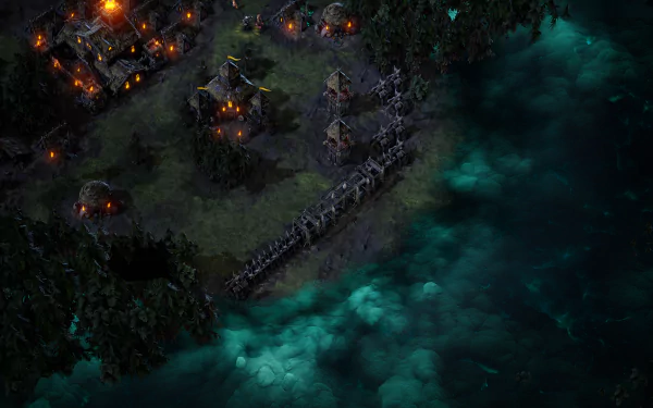 HD wallpaper of 'Age of Darkness: Final Stand' game scene with village and defensive walls at night for desktop background.