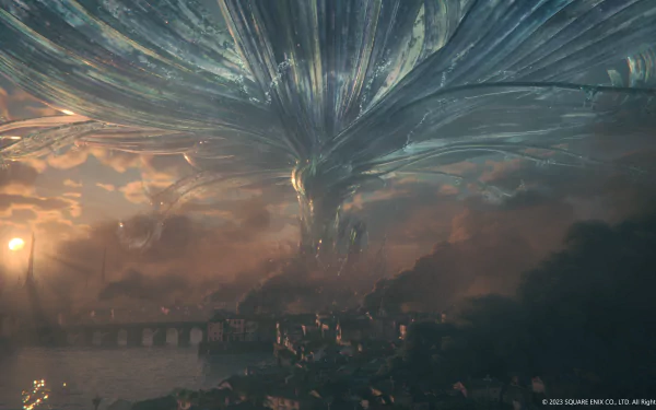 HD desktop wallpaper from Final Fantasy XVI featuring a majestic celestial creature hovering over an ancient city at sunset.