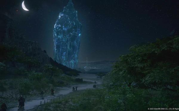 HD desktop wallpaper from Final Fantasy XVI featuring a luminous blue crystal structure in a nocturnal landscape with travelers on a path.