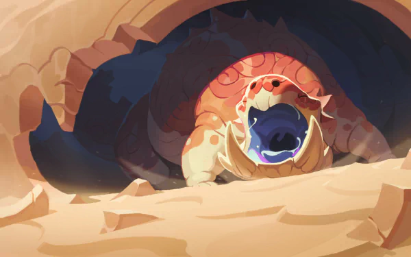 Fantasy creature emerging from a cave in a desert scene HD desktop wallpaper.