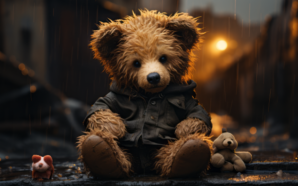 Adorable teddy bear with a tiny stuffed friend on a rainy street, perfect as a HD desktop wallpaper and background.
