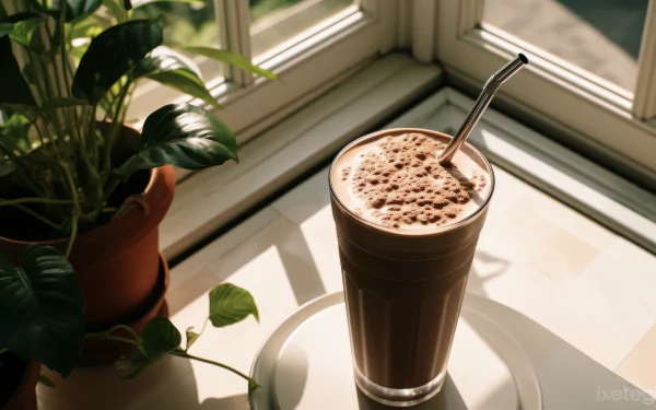A delicious chocolate milkshake in a tall glass with a straw sits on a table beside lush green plants, illuminated by natural light streaming through the window.
