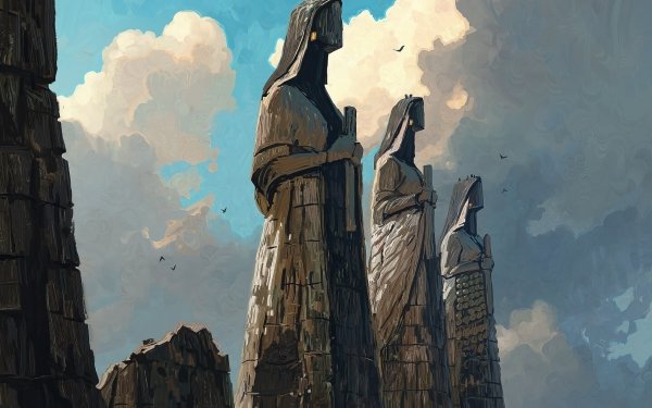 HD wallpaper featuring an artistic oil painting of imposing statues amidst ruins under a dramatic cloudy sky.