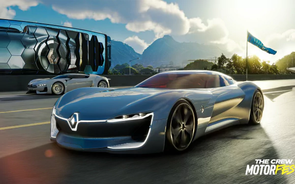 A sleek blue sports car from The Crew Motorfest speeds through a picturesque landscape, showcasing stunning graphics for an HD desktop wallpaper.