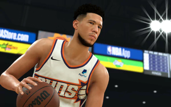 HD desktop wallpaper featuring a realistic NBA 2K24 basketball game character in Phoenix Suns gear on the court.