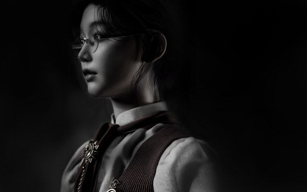 HD desktop wallpaper featuring a monochrome character from Lies Of P, presented in a dramatic and artistic black background setting.